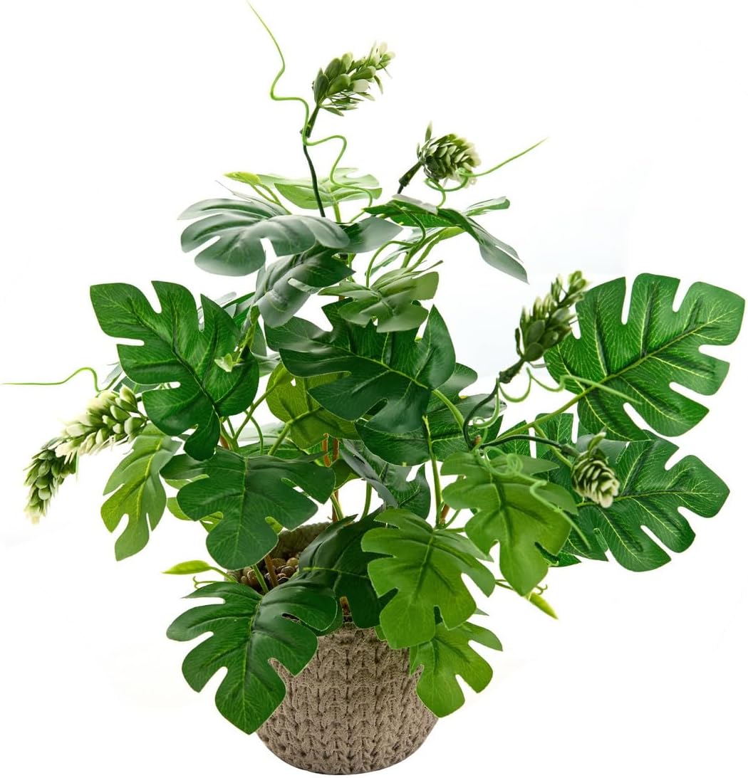 12.8'' Artificial Monstera Plants Lifelike Faux Plants in Off-White Woven Stripe Cement Planter Fake Plants Greenery Decor Perfect for Indoor Outdoor Office House Living Room Shelf Decoration