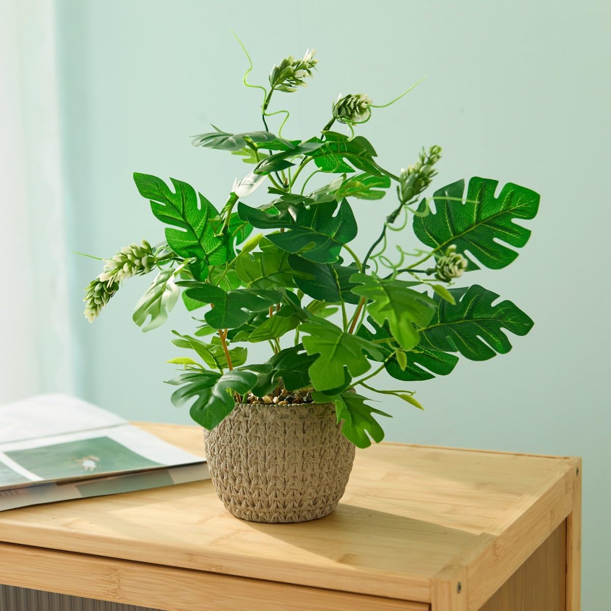 12.8'' Artificial Monstera Plants Lifelike Faux Plants in Off-White Woven Stripe Cement Planter Fake Plants Greenery Decor Perfect for Indoor Outdoor Office House Living Room Shelf Decoration - Image 2