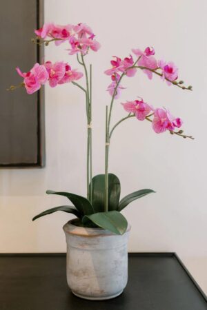 Faux Pink Orchid Plant, Premium Artificial Indoor Flower Display Stands 24”, Beautiful Sculptural Blooms That Lasts Forever, Grey Planter Pot Included