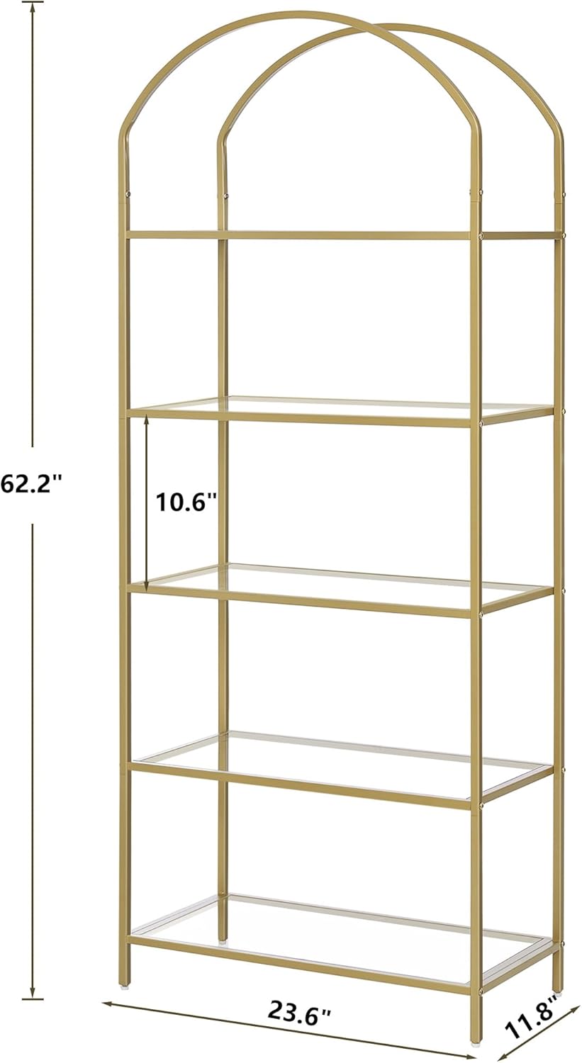 5-Tier Bookshelf Arched Display Racks, Metal Bookcase, Tempered Glass Shelves, Storage Rack Shelf for Home Office, Living Room, Bedroom, Bathroom, Modern Style, Golden
