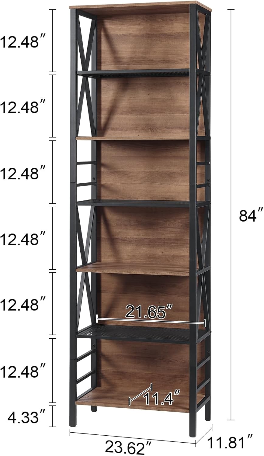 Tall Bookshelf, 7-Tier Book Shelf, Rustic Wood Metal Bookshelves and Bookcases, Freestanding and Industrial Open Bookcase for Home Office, Living Room and Bedroom, Vintage Brown