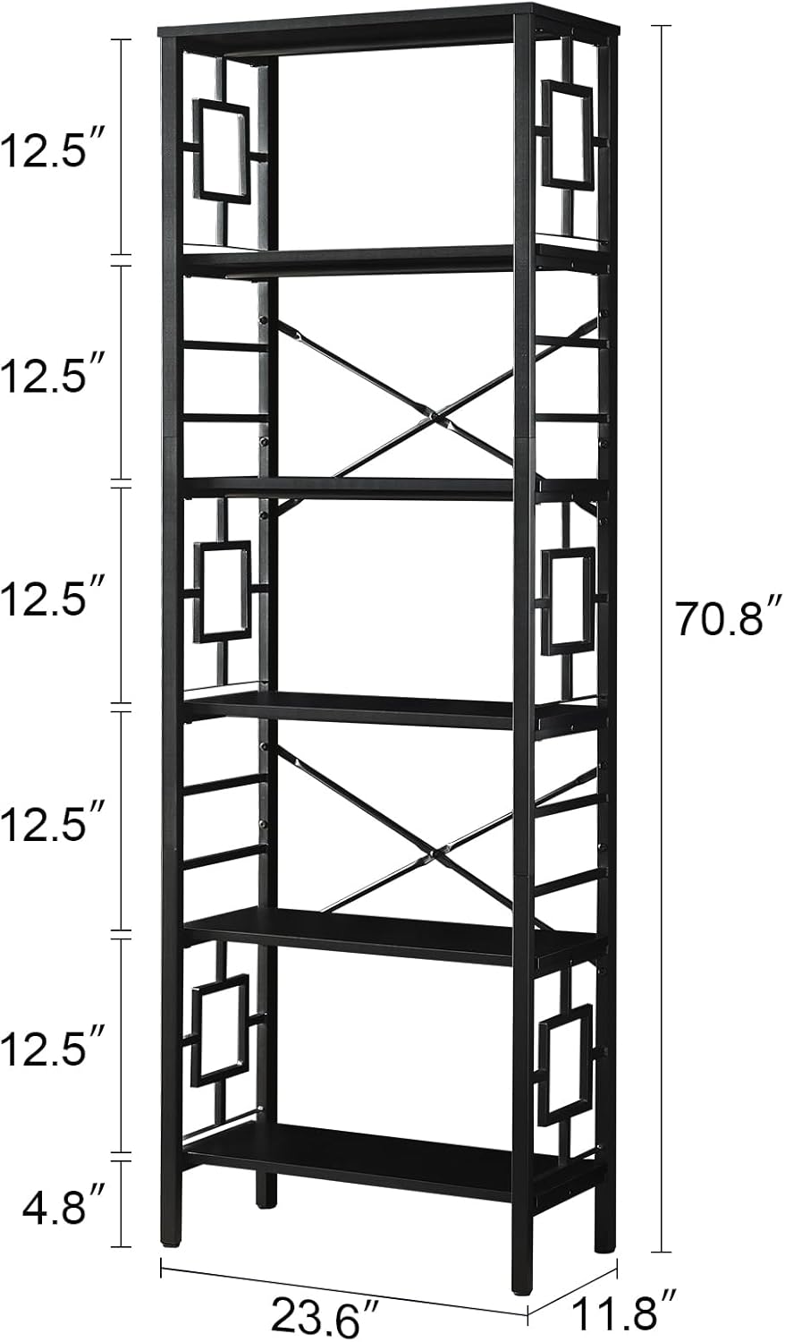 Tall Bookshelf, Industrial Bookshelf with Metal Frame and Open Shelves, 6 Tier Metal Bookshelves and Bookcases, Rustic Bookcase, Tall Book Shelf for Office, Living Room and Bedroom, Black