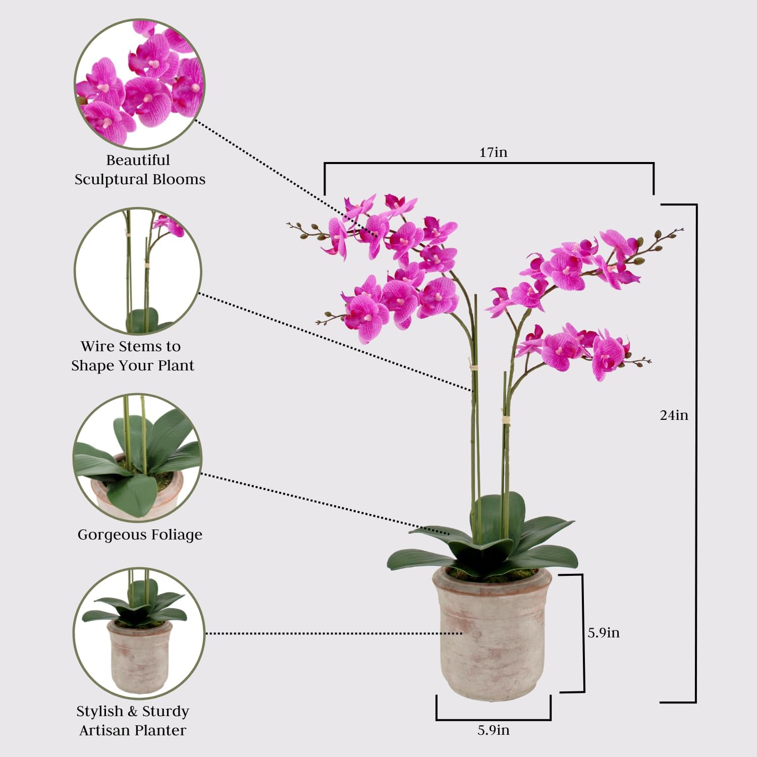 Faux Pink Orchid Plant, Premium Artificial Indoor Flower Display Stands 24”, Beautiful Sculptural Blooms That Lasts Forever, Grey Planter Pot Included - Image 2