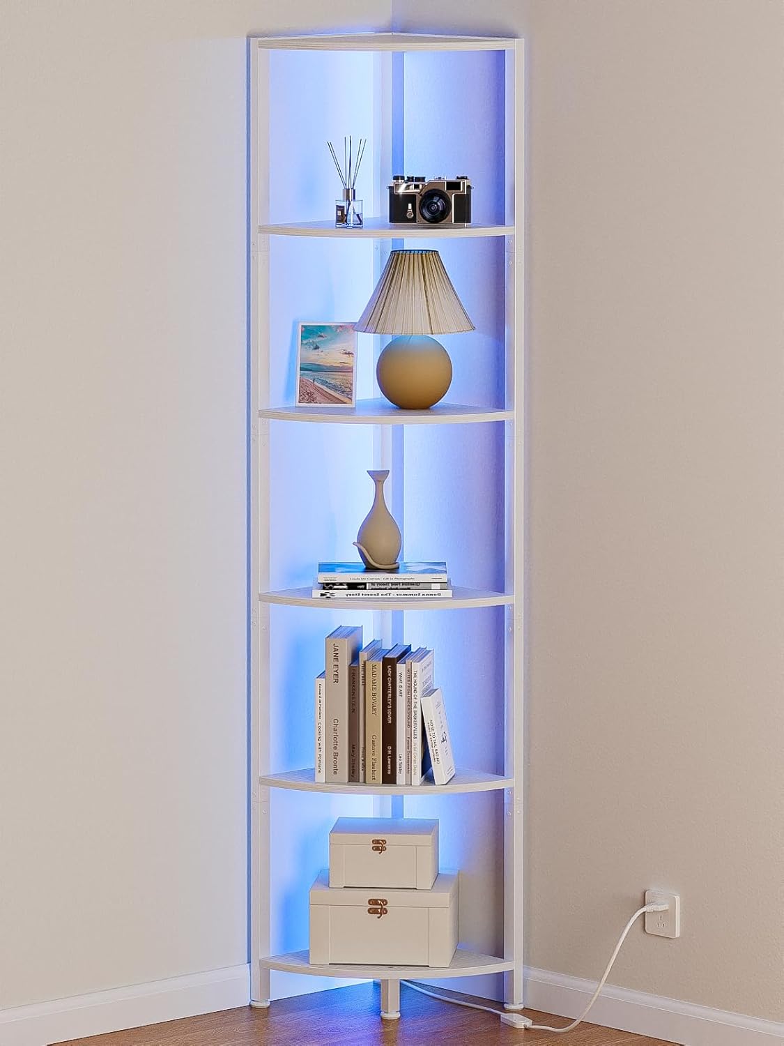 6 Tier Corner Shelf with Light, 67.5” Tall Standing Shelf Organizer, White Narrow Bookshelf with Storage Rack for Wall Corner, Living Room, Bedroom, Metal Frame, Wood Display Shelf