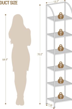 Bookcase Bookshelf, Tempered Glass Arched Bookshelf for More Storage, Slim Shelving Unit for Bedroom, Bathroom, Home Office, Steel Frame, 6 Tier Gold
