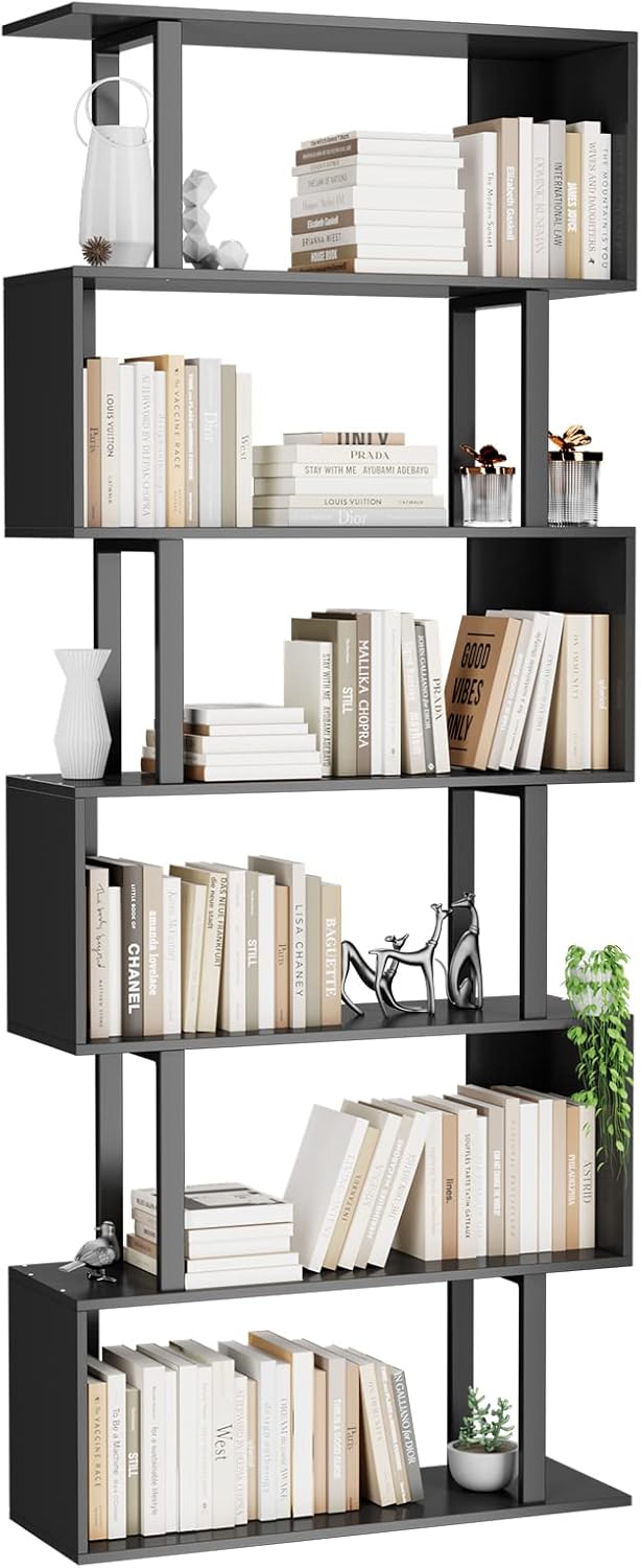 6 Tier Geometric Bookcase, Black Book Shelves, Modern Corner Bookcase Storage Shelf Wood for Bedroom, Living Room, Home Office, Black