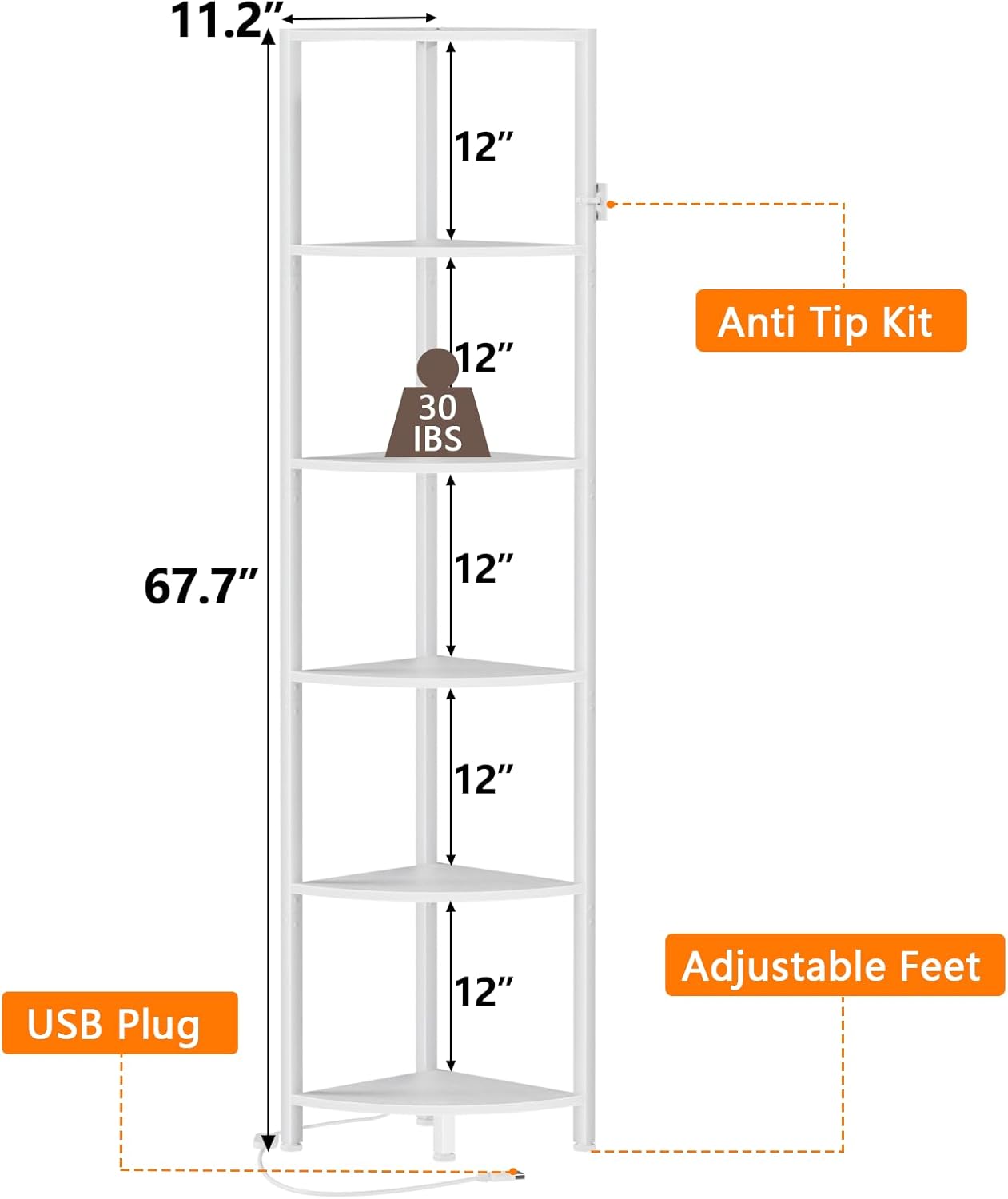 6 Tier Corner Shelf with Light, 67.5” Tall Standing Shelf Organizer, White Narrow Bookshelf with Storage Rack for Wall Corner, Living Room, Bedroom, Metal Frame, Wood Display Shelf - Image 2