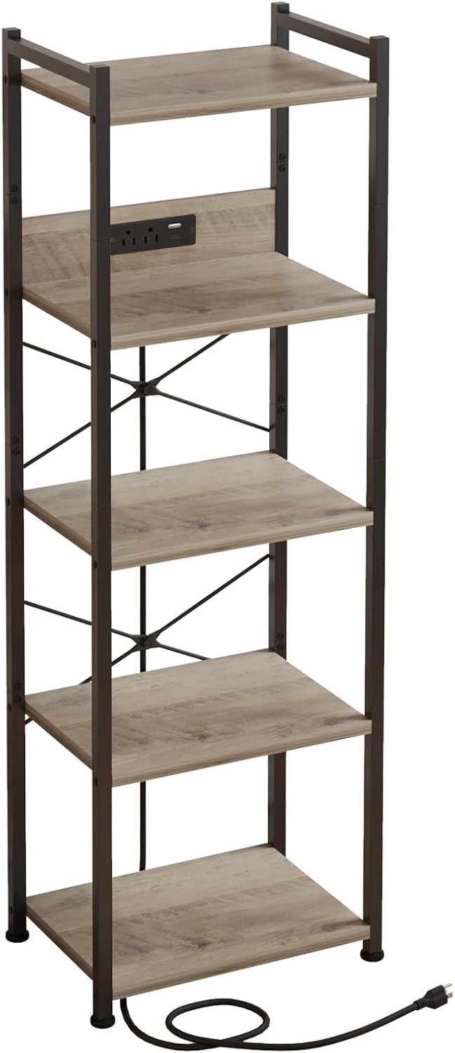 5 Tier Bookcase with Charging Station, Small Bookshelf Industrial Bookcase Storage Shelf, Organizer for /Movie/Book Displaying, Bookshelves for Bedroom Office Living Room