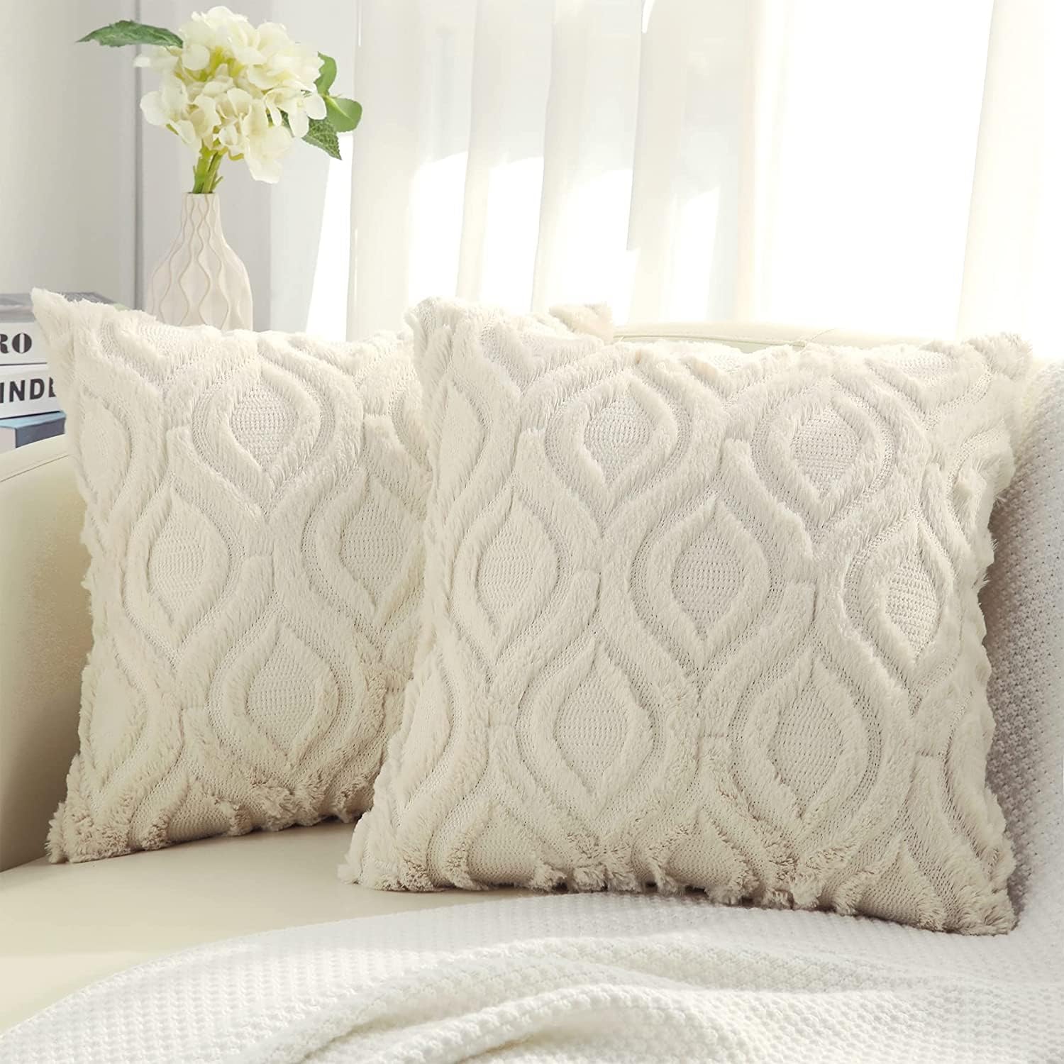 Throw Pillow Covers 18x18 Inch Set of 2, Soft Plush Faux Wool Beige Couch Pillow Covers, Spring Solid Dyed Accent Pillow Cases for Sofa Bed Living Room Home Decor