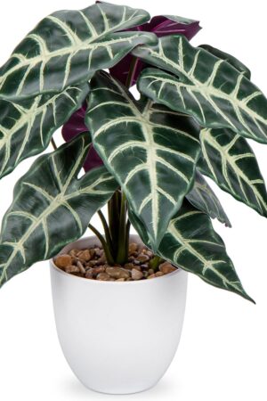 Fake Plant 15" Realistic Potted Artificial Plant, Alocasia Amazonica Polly Faux Plant, Large Leaves Fake Houseplant Tropical Plant for Home Indoor Bathroom Living Room Wedding Decor