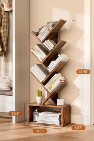 6 Tier Tree Bookshelf with Lights,  Book Tree Bookshelf with Storage Organizer, Small Corner Bookcase Floor Standing Book Shelf for Living Room, Bedroom & Home Office, Rustic Brown