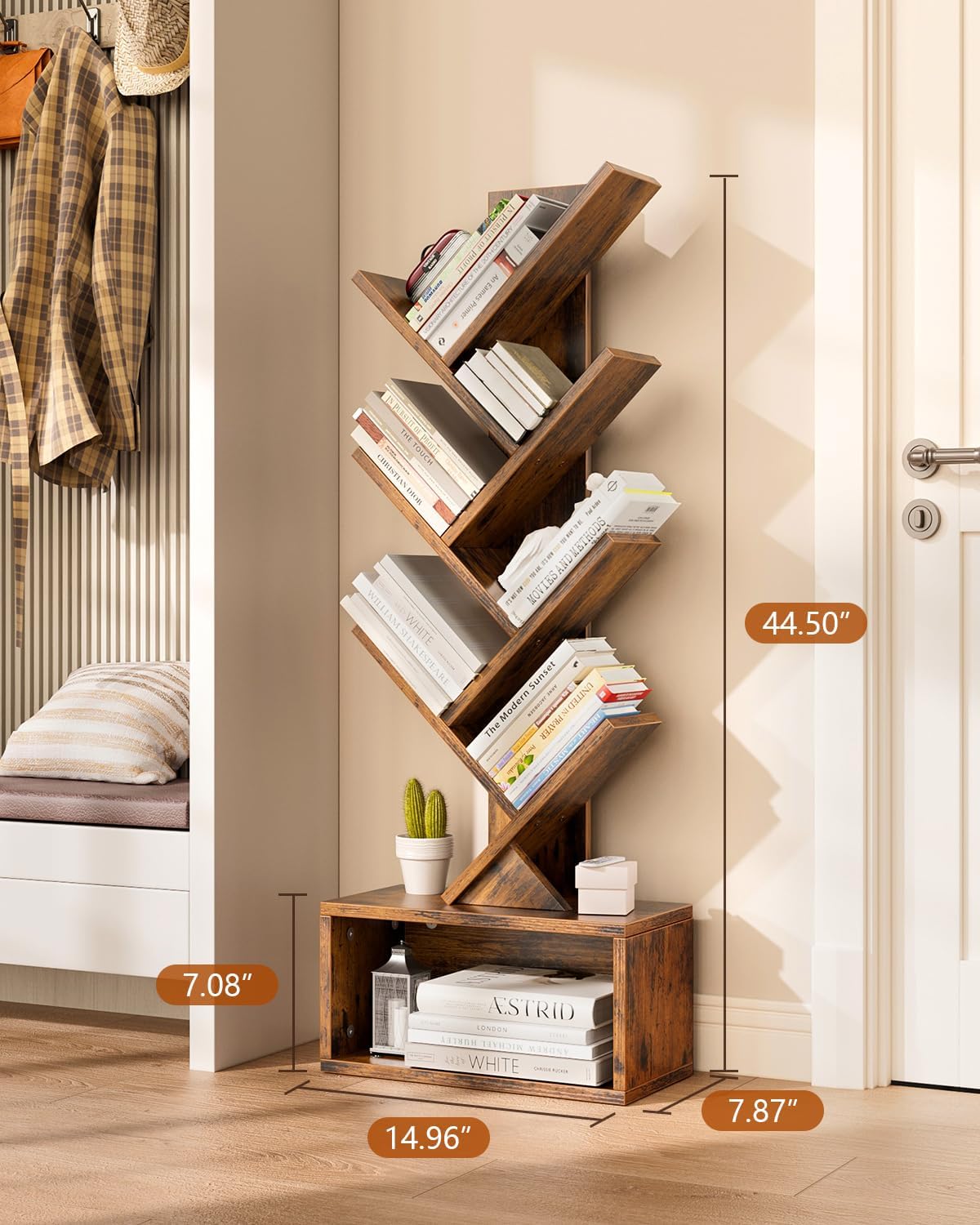 6 Tier Tree Bookshelf with Lights, Book Tree Bookshelf with Storage Organizer, Small Corner Bookcase Floor Standing Book Shelf for Living Room, Bedroom & Home Office, Rustic Brown