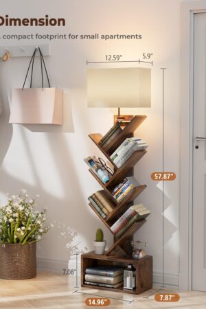6 Tier Tree Bookshelf with Light, Narrow Bookcase Tower, Tall Floor Standing Book Organizer with Storage Cabinet for Living Room, Bedroom and Home Office, Rustic Brown