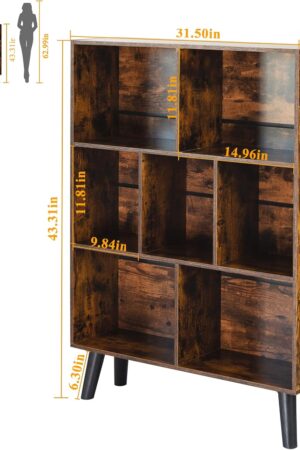 Cube Bookshelf 3 Tier Mid-Century Rustic Brown Modern Bookcase with Legs,Retro Wood Bookshelves Storage Organizer Shelf,Freestanding Open Book Shelves for Bedroom,Living Room,Office