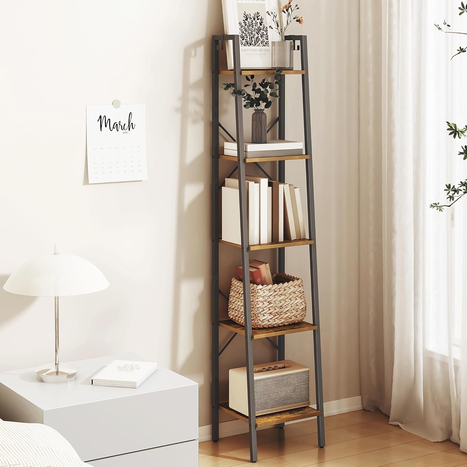 Ladder Shelf, Bookshelf Bookcase, Freestanding Corner Storage Shelve with 2 Hooks for Home Office, Living Room, Kitchen, Bedroom, Industrial, 5-Tier Rustic Brown