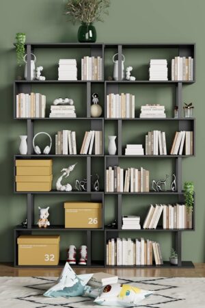 6 Tier Geometric Bookcase, Black Book Shelves, Modern Corner Bookcase Storage Shelf Wood for Bedroom, Living Room, Home Office, Black