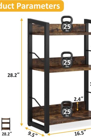 Book Shelf Small Bookshelf: 3-Tier Wood Bookcase Industrial Bookshelf with Edge Protection Metal Narrow Bookcase Storage Organizer Display Rack for Bedroom Home Office (Rustic Brown)