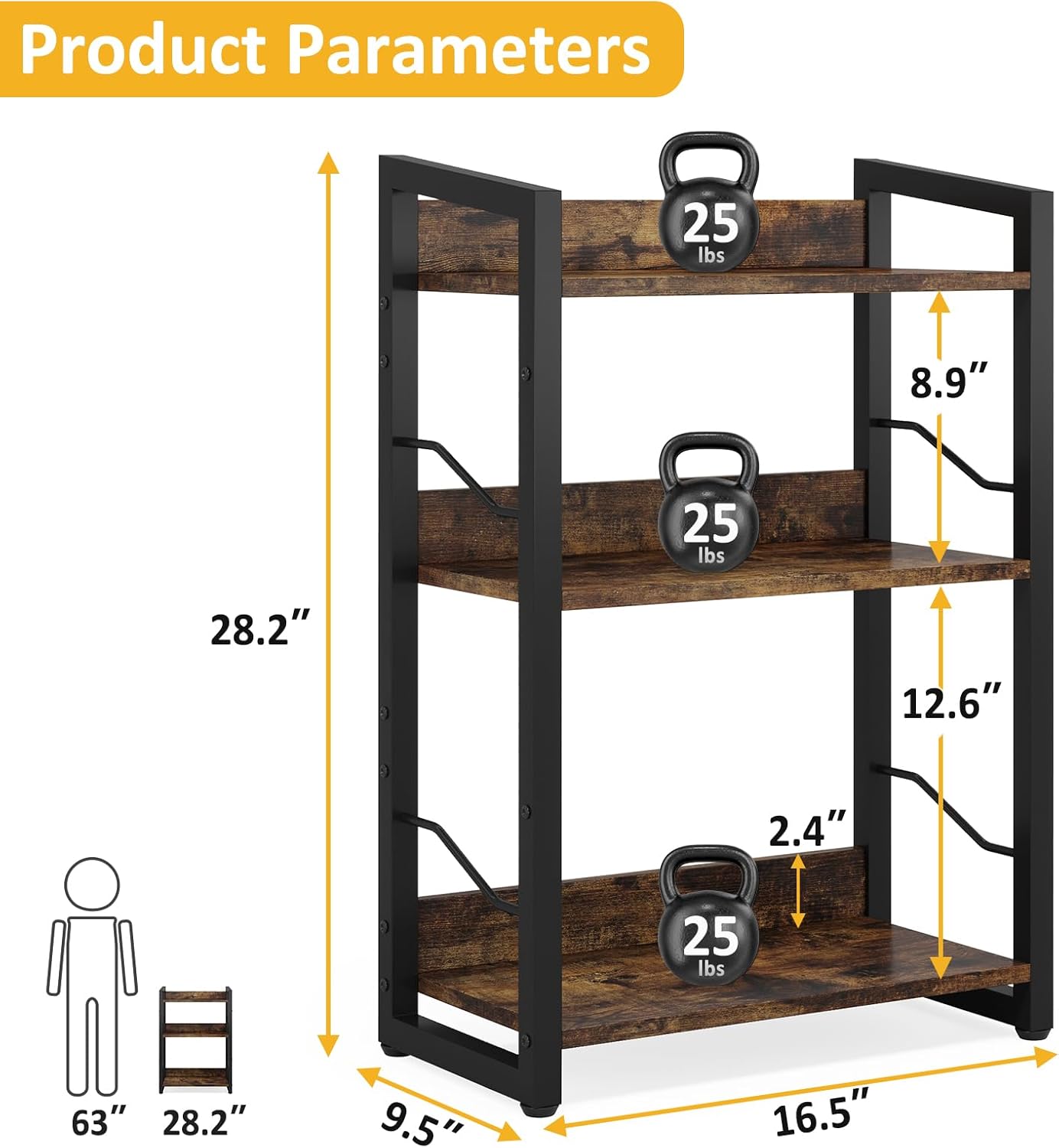 Book Shelf Small Bookshelf: 3-Tier Wood Bookcase Industrial Bookshelf with Edge Protection Metal Narrow Bookcase Storage Organizer Display Rack for Bedroom Home Office (Rustic Brown) - Image 2