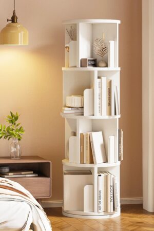 Rotating Bookshelf, 360 Display 4 Tier, Small Corner Bookshelf for Small Space, Floor Standing Bookcase Storage Rack, Wood Narrow Book Shelf Organizer for Bedroom, Living Room, White
