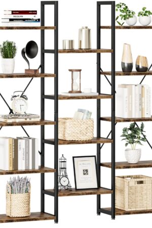 Triple Column 5 Tier Bookshelf, Bookcase with 14 Open Display Shelves, Adjustable Rustic Industrial Style Book Shelves, Modern Bookshelves for Bedroom, Living Room and Home Office, Vintage