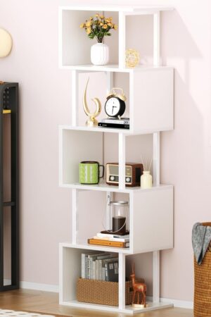 White Geometric Bookshelf 6 Tier S-Shaped Bookcase, Tall Modern Display Storage Shelf, Metal and Wood Decorative Freestanding Room Divider Shelves for Bedroom, Living Room, Office