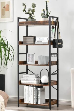 Adjustable 5 Tier Open Bookcase, Rustic Farmhouse Book Shelves, Industrial Wood and Black Metal Bookshelves, Mid Century Bookcase for Home Office Living Room Bedroom