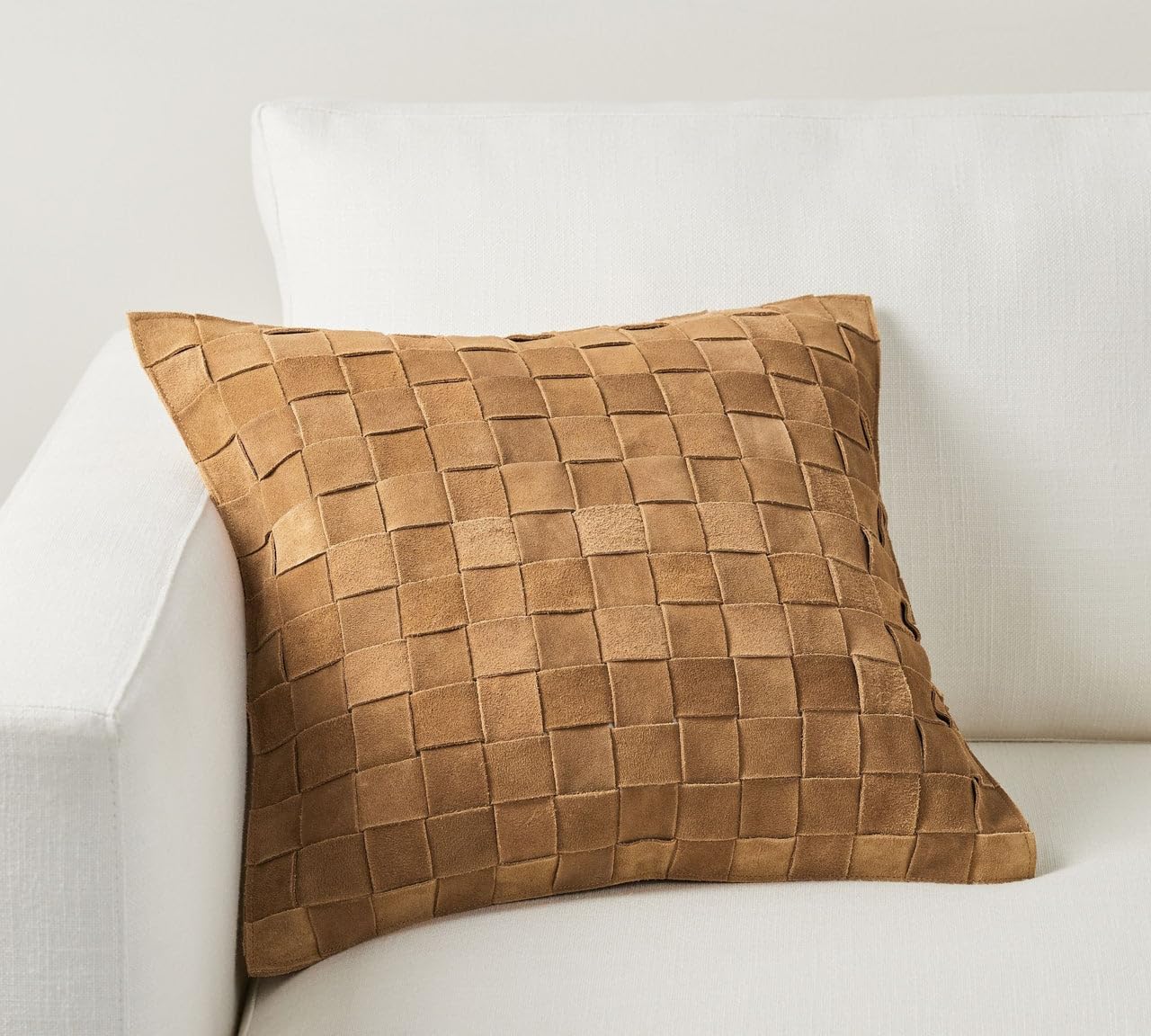 Genuine Lamb Leather Cushion Pillow Cover - Luxury Leather Pillow Case - Modern, Boho, Farmhouse Home Decor - Bedroom Couch, Living Room, Sofa Bed (Basketweave - Camel, 22" x 22")