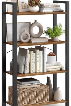 4-Tier Bookshelf, Bookcase with Steel Frame, Book Shelf for Living Room, Home Office, Study, 11.8 x 26 x 47 Inches, Industrial Style, Rustic Brown and Ink Black