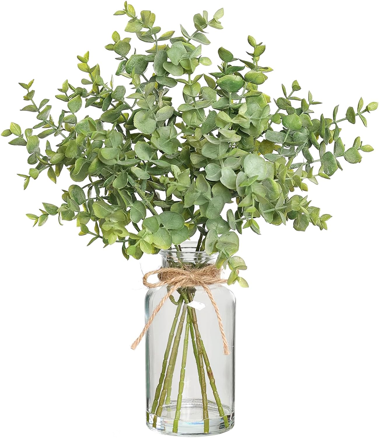 Fake Eucalyptus Stems in Glass Vase with Faux Water,14" Artificial Plants Eucalyptus Leaves for Shelf Desk Bathroom Farmhouse Room Coffee Table Home Decor (Sage Green)