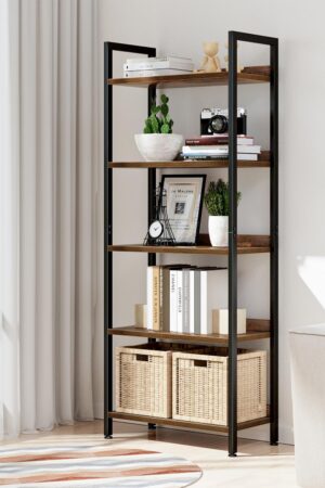 Bookshelf, 5 Tier Bookshelves, Home Office Bookcase Shelf Storage Organizer, Free Standing Storage Shelving Unit for Bedroom, Living Room and Home Office, Vintage