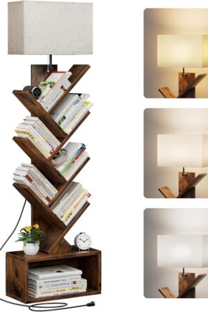 6 Tier Tree Bookshelf with Light, Narrow Bookcase Tower, Tall Floor Standing Book Organizer with Storage Cabinet for Living Room, Bedroom and Home Office, Rustic Brown