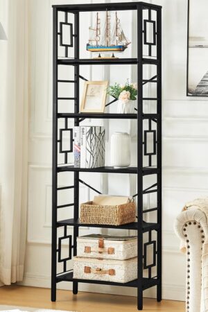 Tall Bookshelf, Industrial Bookshelf with Metal Frame and Open Shelves, 6 Tier Metal Bookshelves and Bookcases, Rustic Bookcase, Tall Book Shelf for Office, Living Room and Bedroom, Black