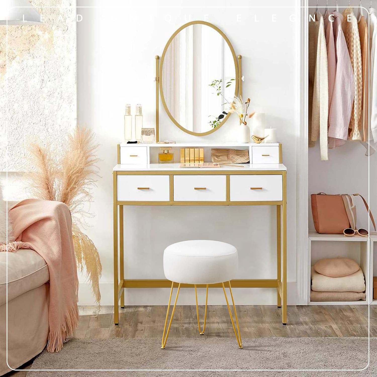 Vanity Stool, White Vanity Stools for Makeup Room, Round Ottoman Foot Stool, Velvet Footrest Vanity Chair for Bathroom Vanity, Bedroom, Living Room, Entryway, Offices