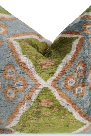 Handmade Velvet Throw Pillow with Geometric Ikat Design - Premium Down Feather Insert - Green, Blue, and Natural Colors - 20x20 Inch Decorative Accent Cushion for Living Room, Sofa, or Bedroom