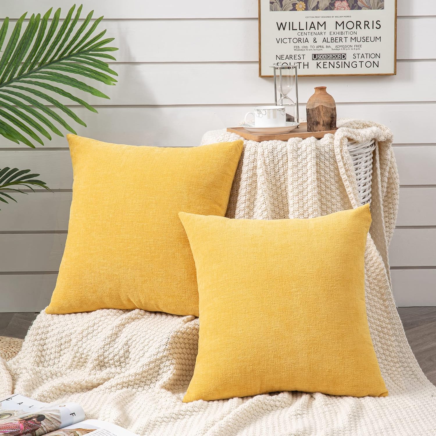 Decorative Square Throw Pillow Covers 20x20 Inch set of 2, Super Soft Chenille Farmhouse Pillowcase for Living Room Bedroom Sofa Couch Cushion Cover Gold Yellow 50x50cm/20x20 Inch - Image 2