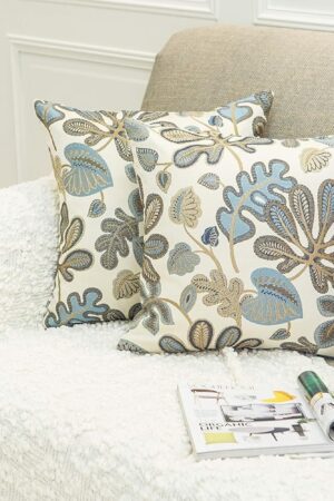 Set of 2 Jacquard Tropical Leaf Pattern Throw Pillow Covers Decorative Pillowcase 20X20 Inches,Blue Cream