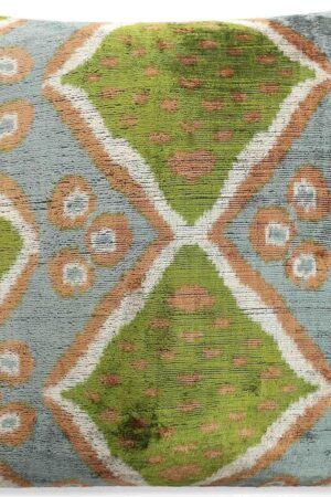 Handmade Velvet Throw Pillow with Geometric Ikat Design - Premium Down Feather Insert - Green, Blue, and Natural Colors - 20x20 Inch Decorative Accent Cushion for Living Room, Sofa, or Bedroom