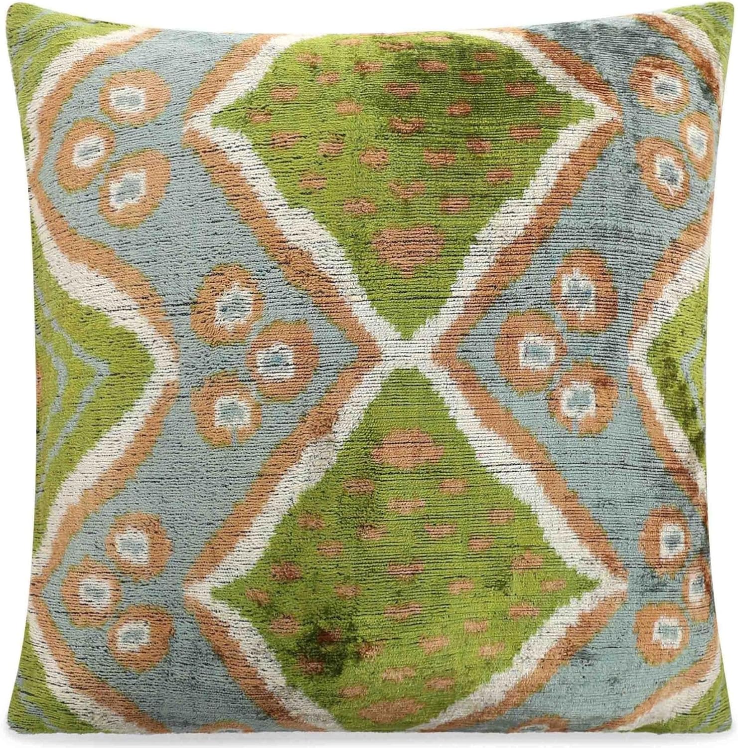 Handmade Velvet Throw Pillow with Geometric Ikat Design - Premium Down Feather Insert - Green, Blue, and Natural Colors - 20x20 Inch Decorative Accent Cushion for Living Room, Sofa, or Bedroom - Image 2