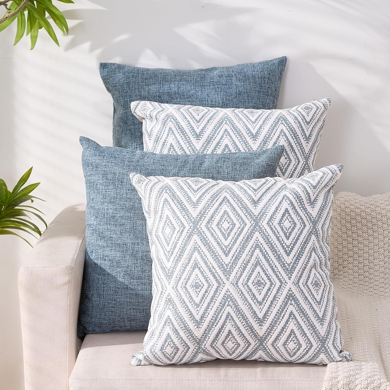 Decorative Throw Pillow Covers Set of 4 Square Couch Pillows Linen Cushion Cover for Couch Sofa Living Room, 18"x18" inches, Blue